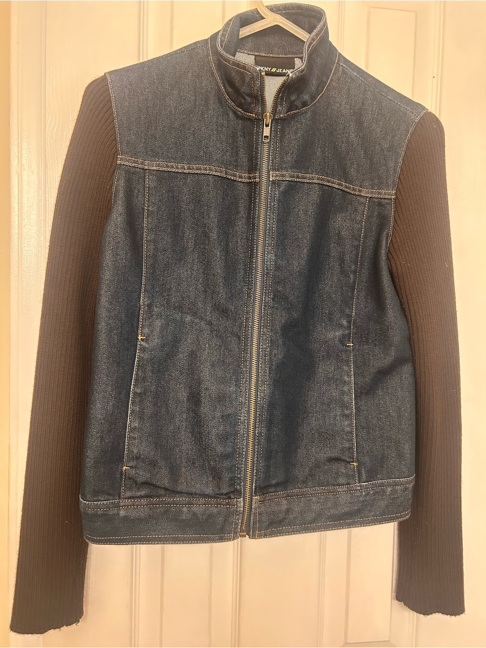DKNY Denim Jacket with Brown Rib-Knit Sleeves